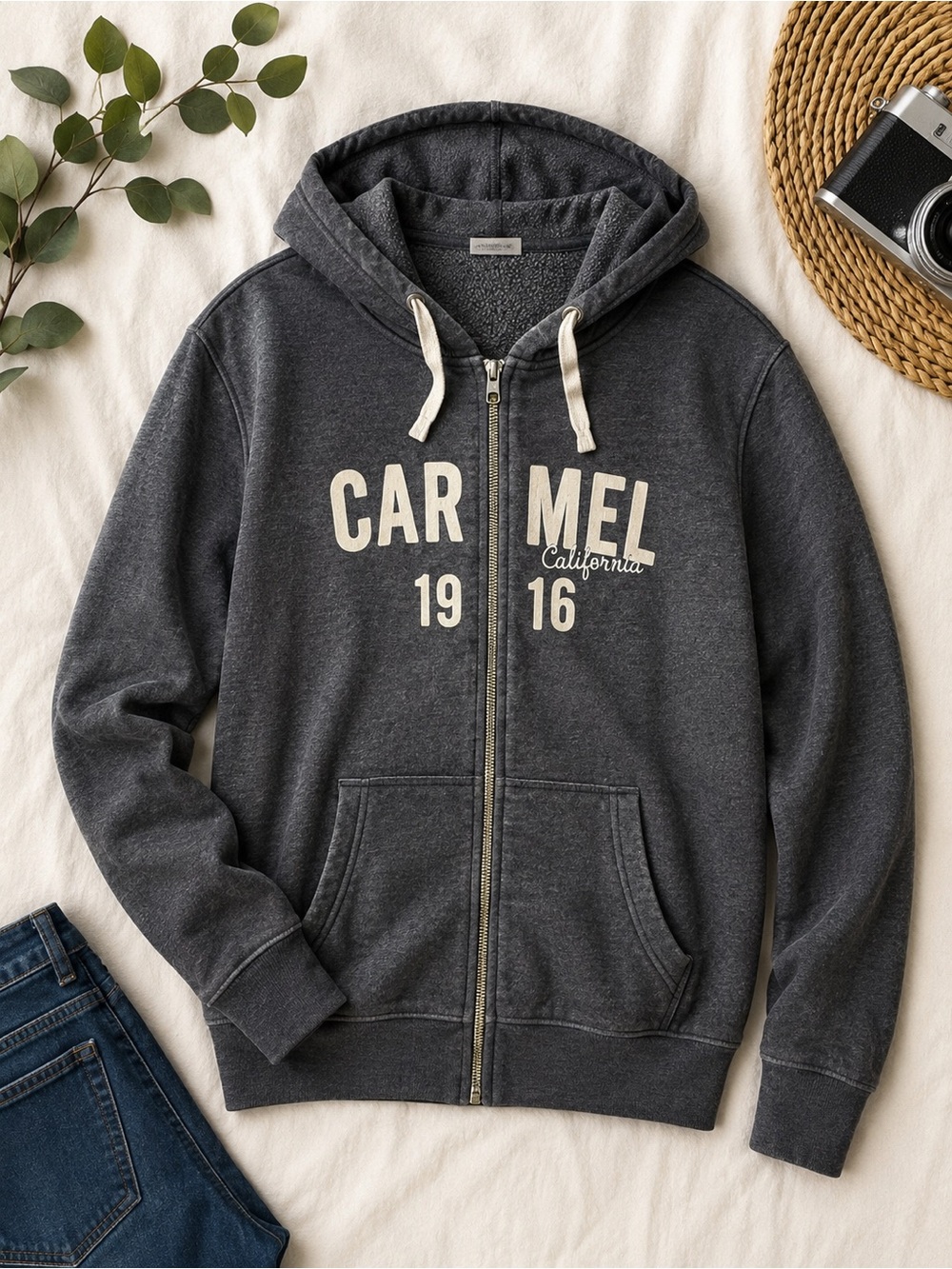 Caramel Men's Dark Charcoal Zip Hoodie with Cream Logo